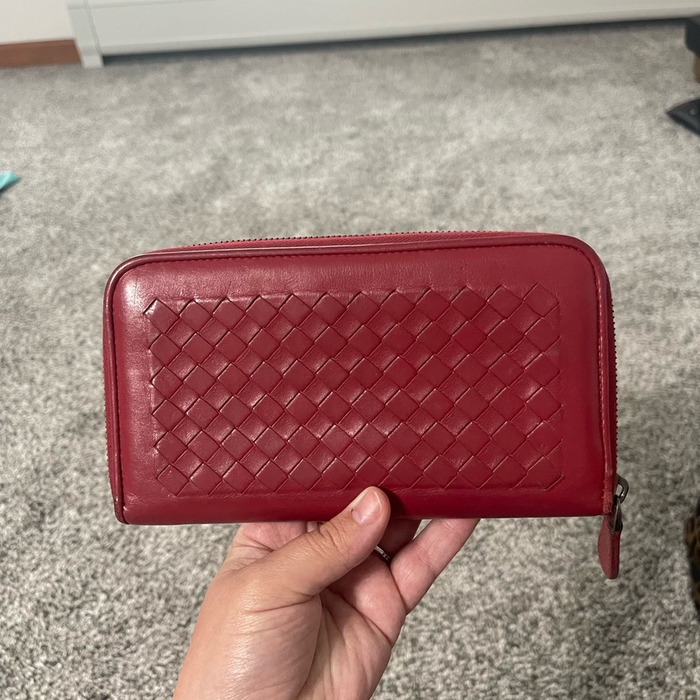 Bottega Veneta  Red Woven Leather Wallet